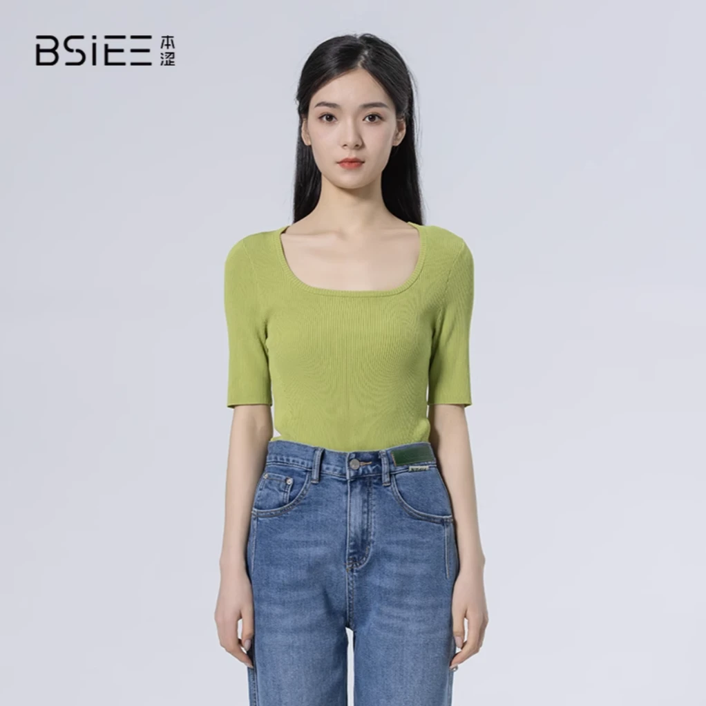 BSIEE/本涩方领薄针织衫2023年夏季新品绿色显白显瘦短款上衣女