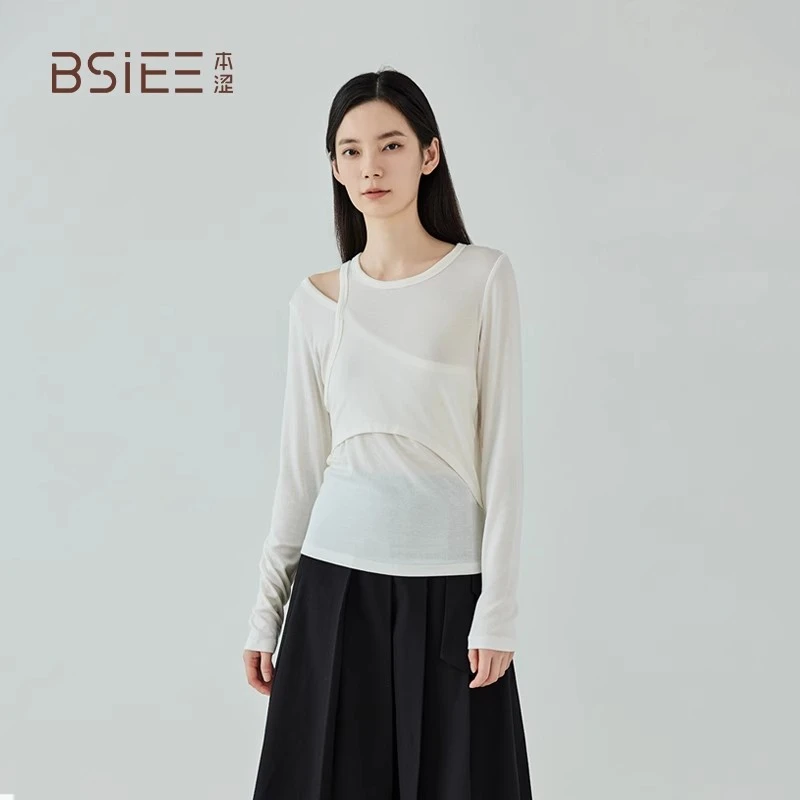 BSIEE/本涩新结构打底衫夏季新品白色镂空不规则长袖t恤上衣