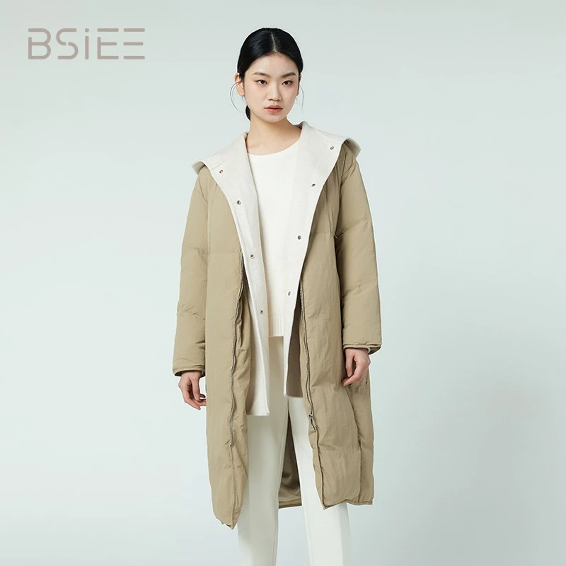 BSIEE本涩极简风宽松舒适反季款新品假两件毛呢拼接长款羽绒服女
