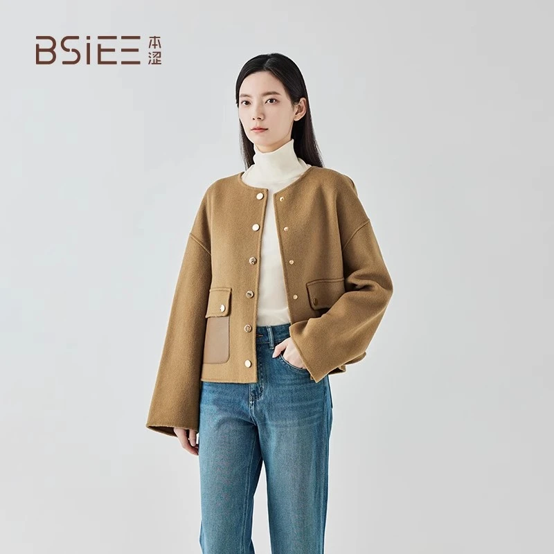 BSiEE本涩短款大衣2024年秋冬新品时尚舒适纯羊毛小香风外套女