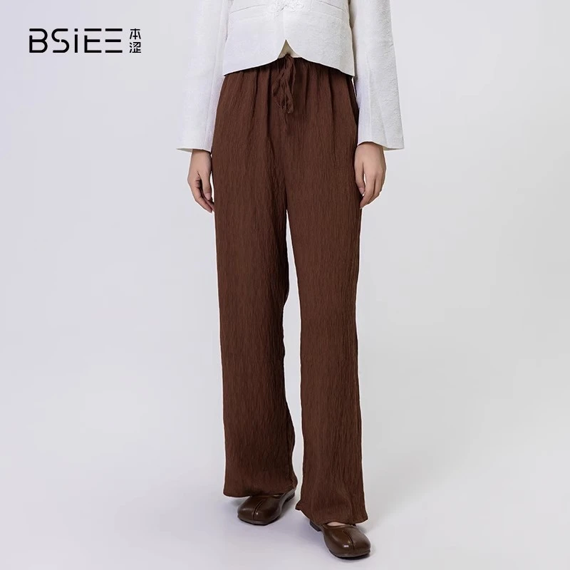 本涩压褶直身阔腿裤舒适高腰休闲宽松简约复古春夏百搭直筒休闲裤