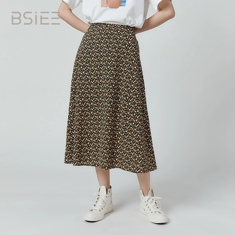 BSIEE本涩雪纺小碎花大摆A字裙高腰中长款大摆半身裙女显瘦