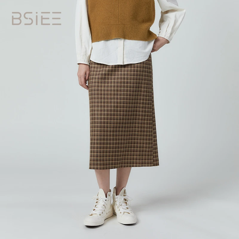 BSIEE本涩格子毛呢半身裙女高腰A字显瘦中长款包臀一步裙开叉格纹