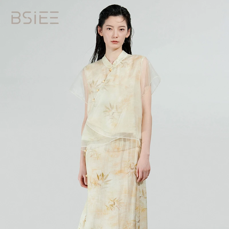 本涩BSIEE新中式套装裙女气质复古春夏中国风印花立领短袖设计师