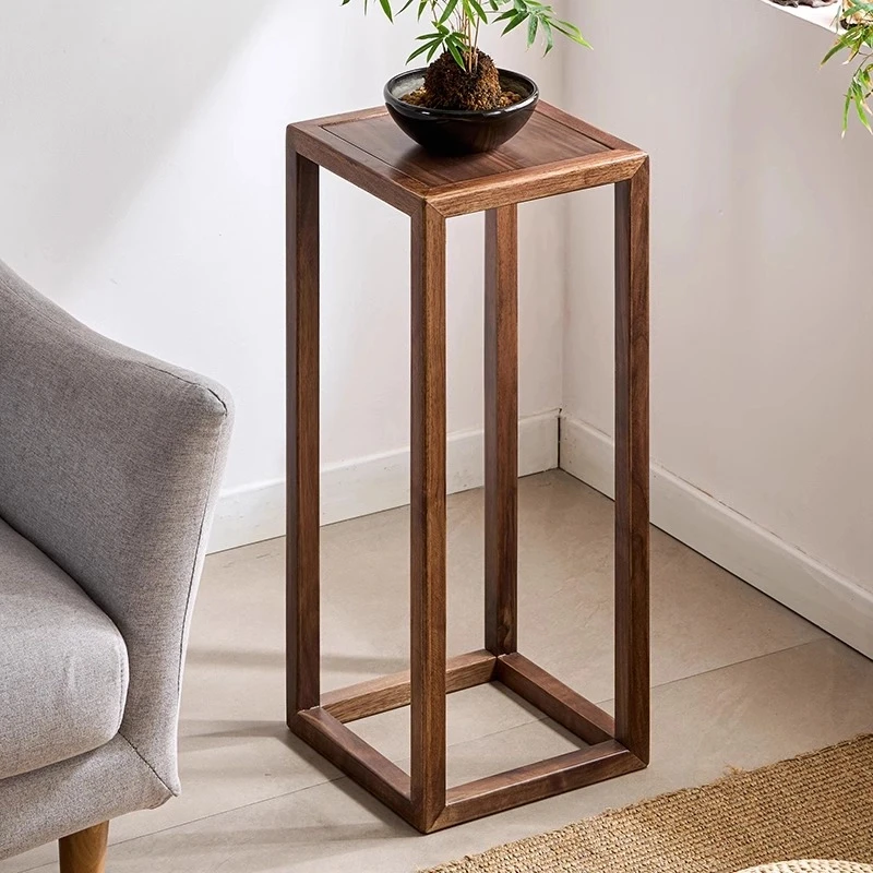 北美黑胡桃木花架实木家用客厅花台卧室原木落地花几简约轻奢中式