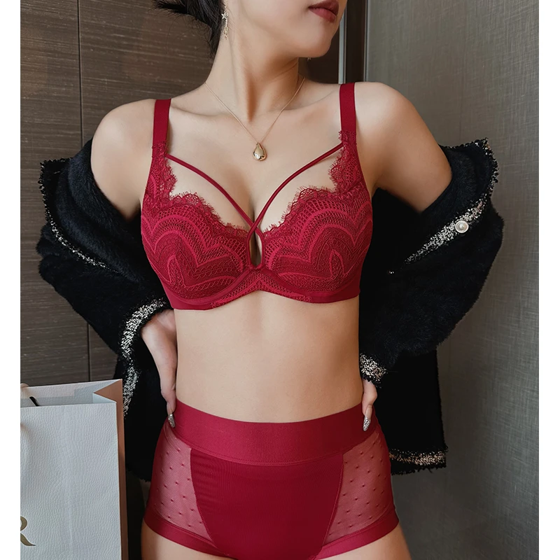 大码性感蕾丝塑形内衣本命年女大胸显小聚拢上托收副乳夏季文胸罩