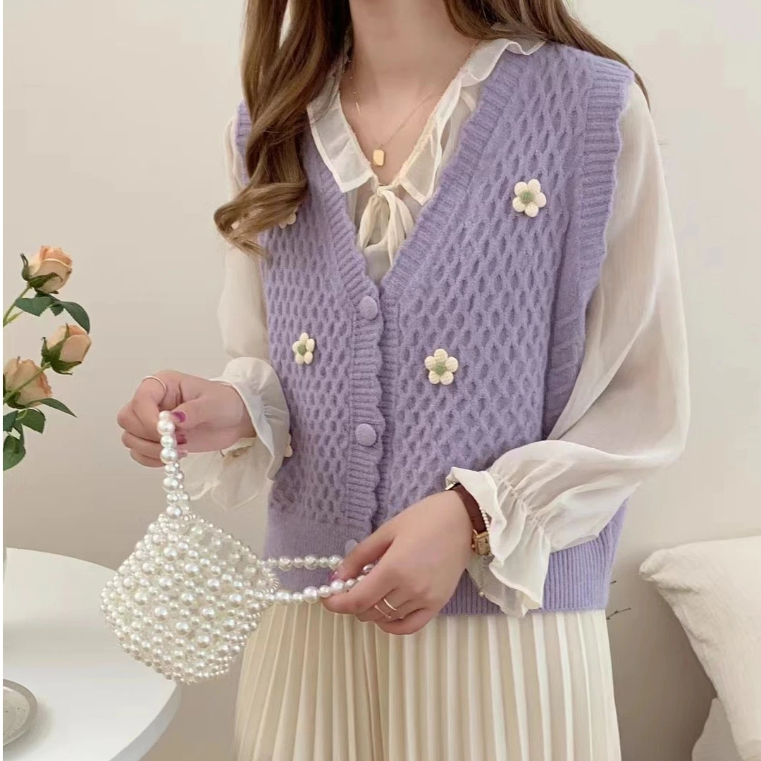 小个子马甲女短款高腰甜美洋气时尚百搭V领无袖毛衣开衫马夹背心