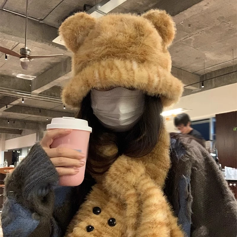 可爱小熊冬季毛绒渔夫帽时尚虎纹女生潮流围巾帽子护颈保暖围脖女