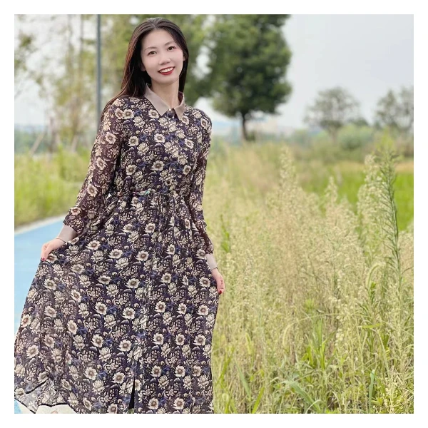 【多米拉】11523秋夏新款桑蚕丝亚麻花开富贵印花连衣裙秋冬碎花