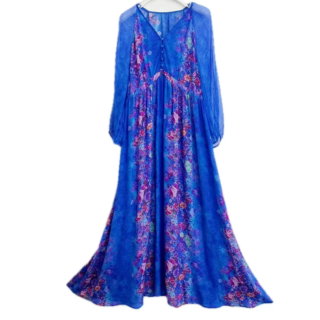 【多米拉】10524-1单层橘色花海桑蚕丝连衣裙时尚气质真丝裙休闲