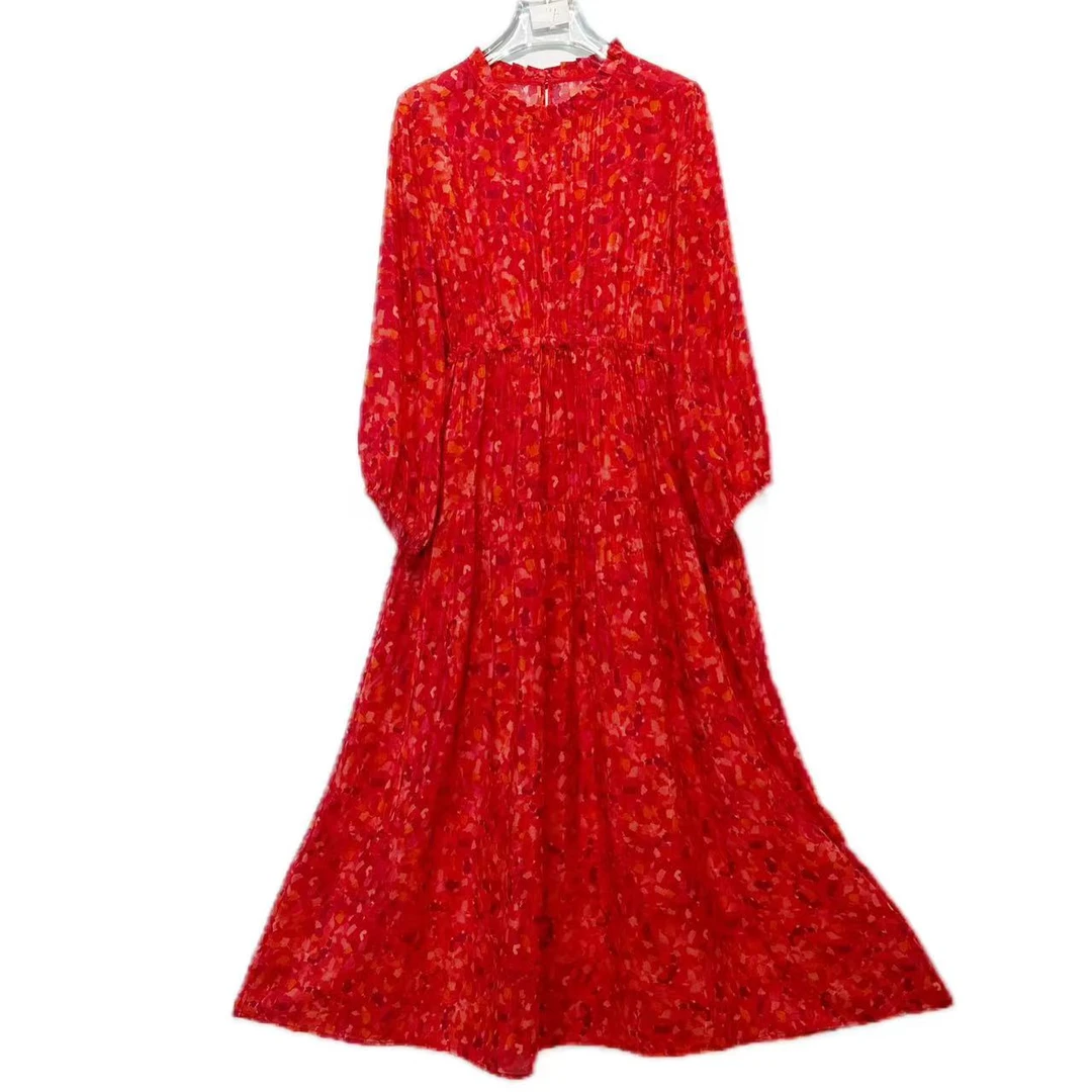 【多米拉】01423-4红色碎花抽绳桑蚕丝连衣裙单层收腰 印花春夏