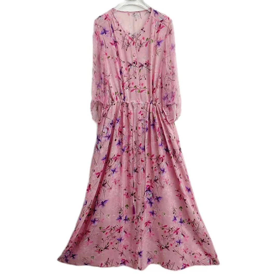 【多米拉】13824-1单层粉雾花海桑蚕丝宽松连衣裙女装显瘦碎花