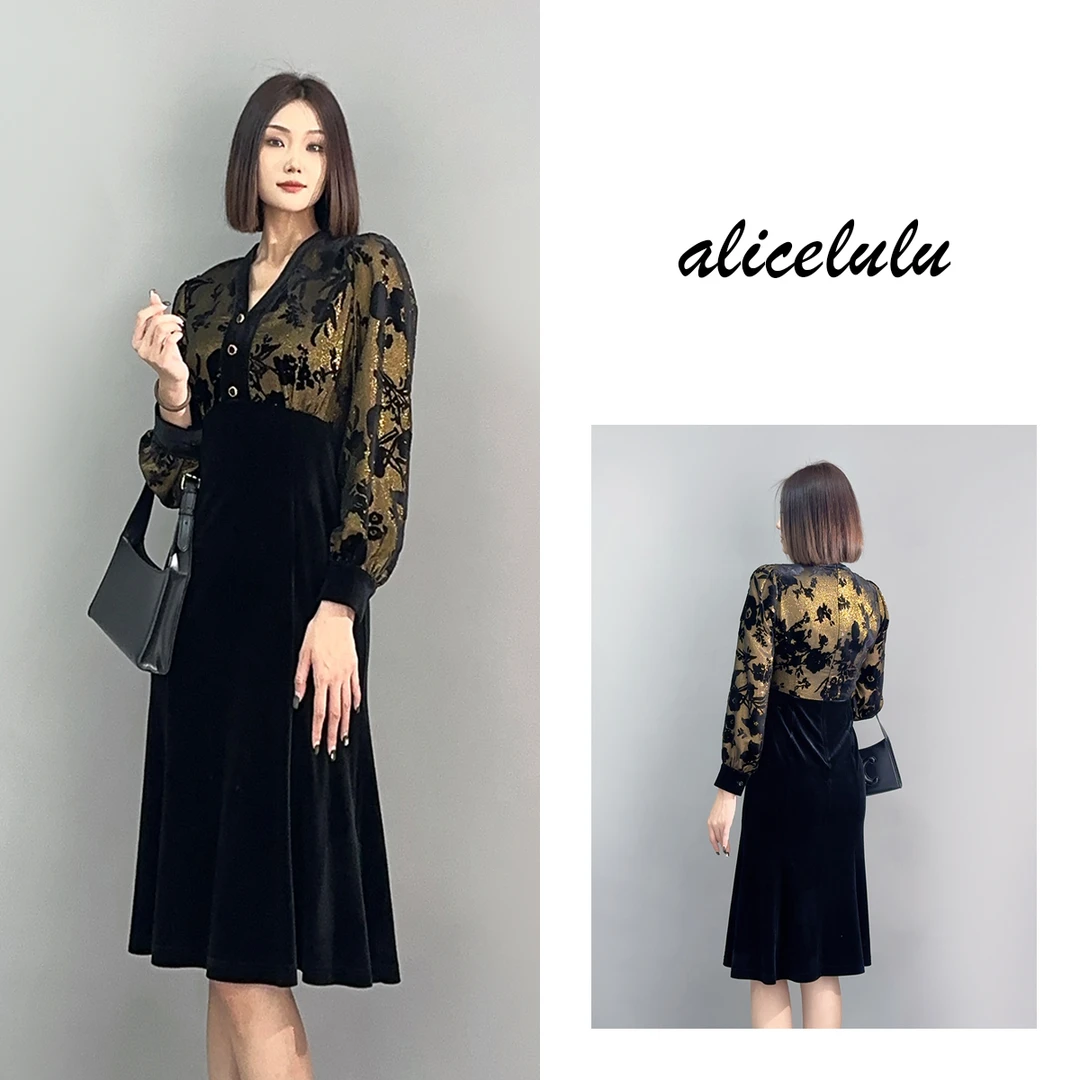 1 ALICE “金枝玉叶”连衣裙 闪耀光泽 丝绒拼接 S2141428A