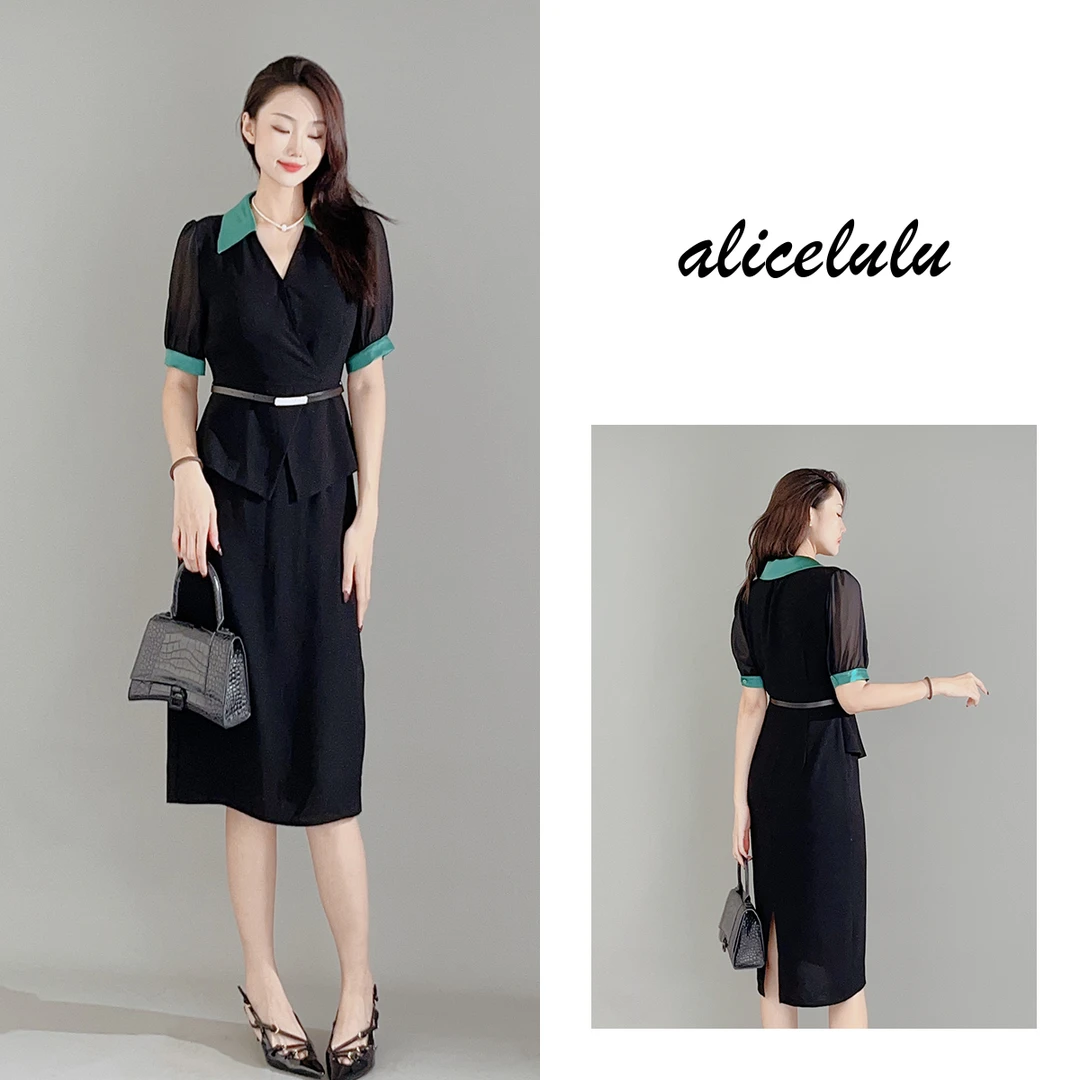 1 ALICE “薄荷之夜”连衣裙 优雅通勤 拼色醋酸 S1033816A