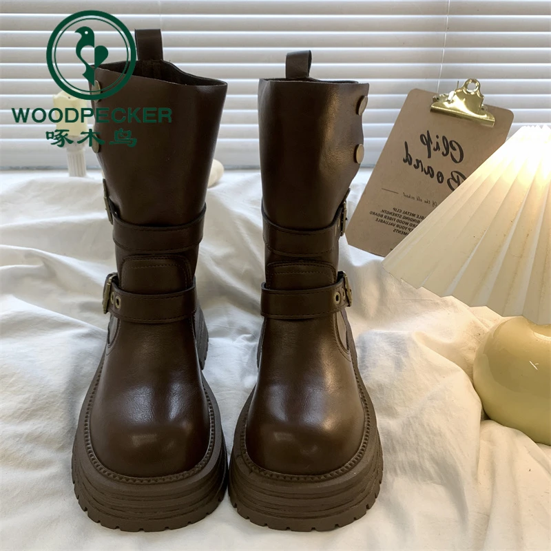 啄木鸟厚底英伦风马丁靴女2025新款秋冬季显瘦棕色复古美拉德靴子