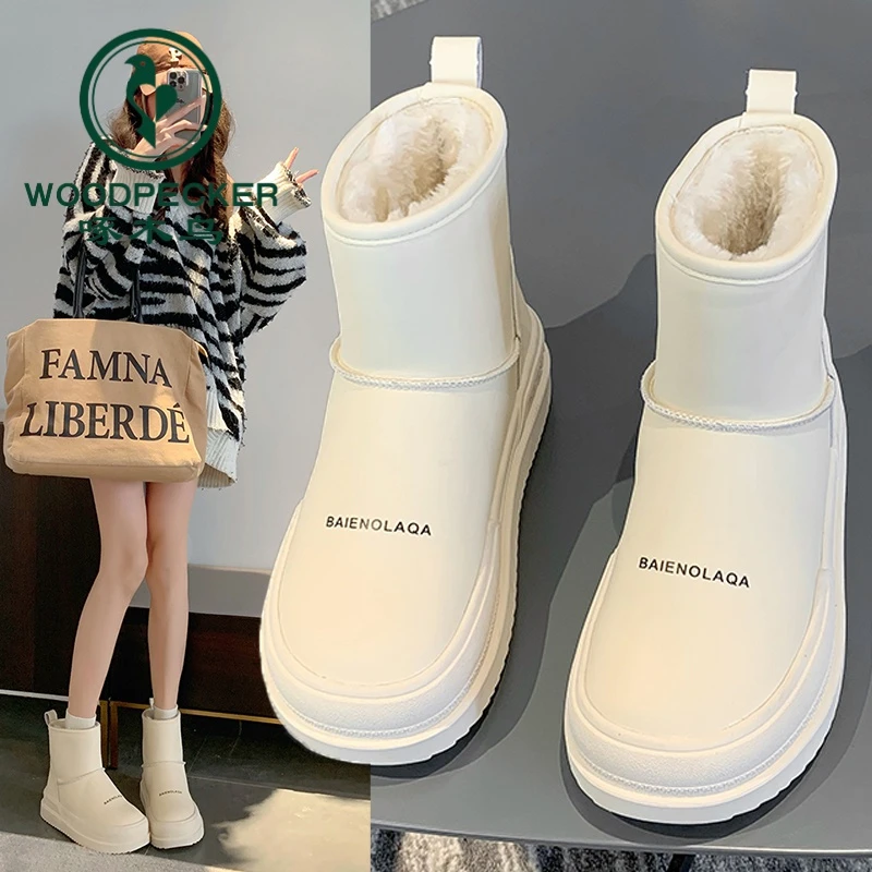 啄木鸟厚底雪地靴女防水防滑短靴子2024新款冬季加绒加厚保暖棉靴