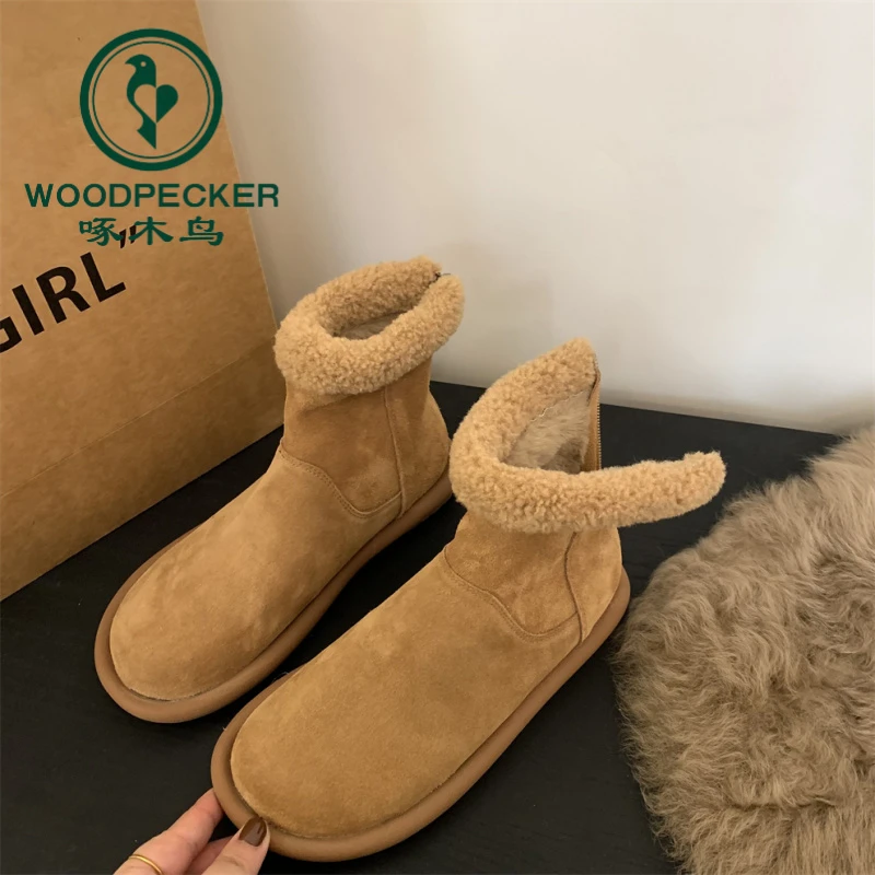啄木鸟复古外穿冬季保暖雪地鞋百搭厚底女款靴子毛毛鞋短靴雪地靴