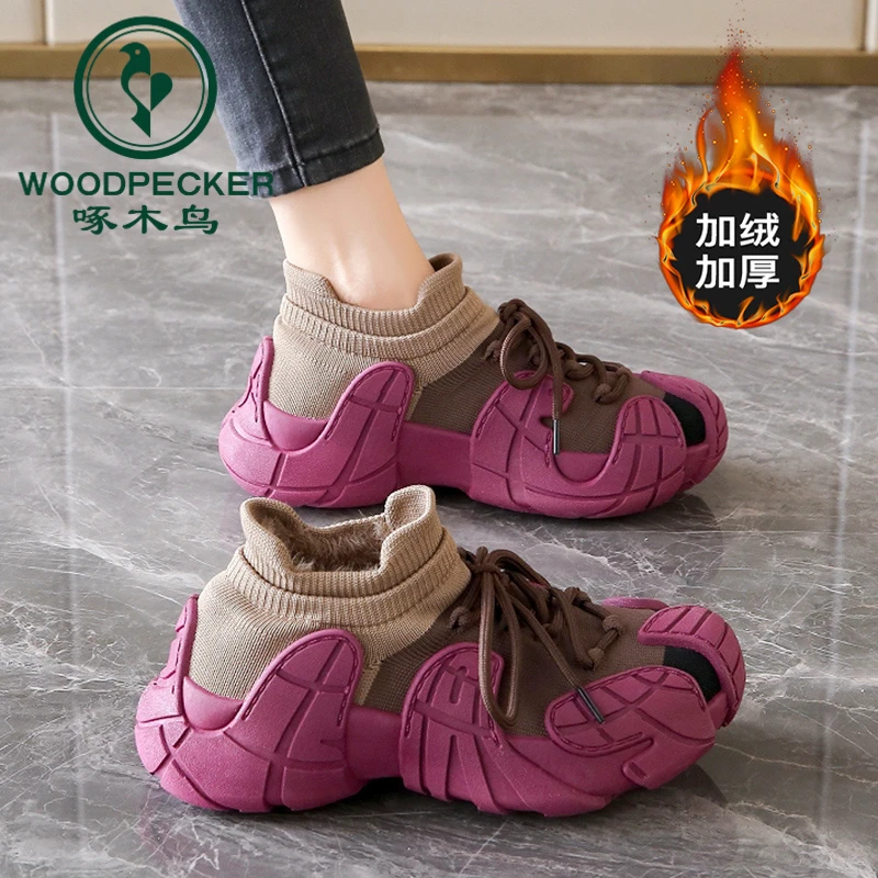 啄木鸟厚底棉鞋2025新款冬季防寒保暖八爪鱼老爹鞋加绒加厚运动鞋