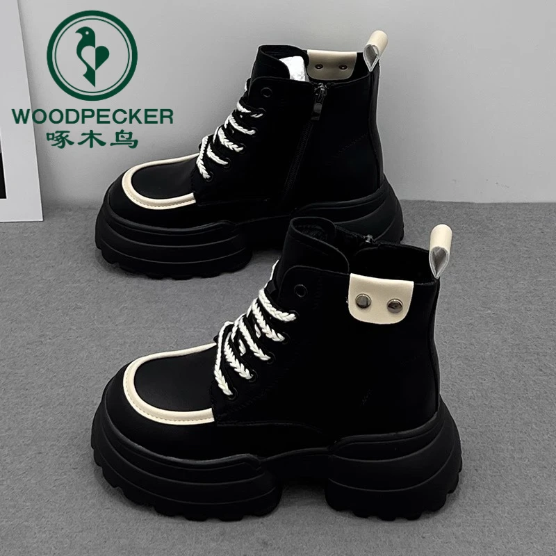 啄木鸟网红马丁靴2025秋冬新款加绒棉鞋厚底内增高小个子百搭短靴