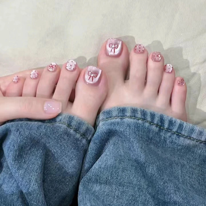 波点蝴蝶结猫眼脚趾甲 可爱甜美穿戴式脚指甲贴片 24片