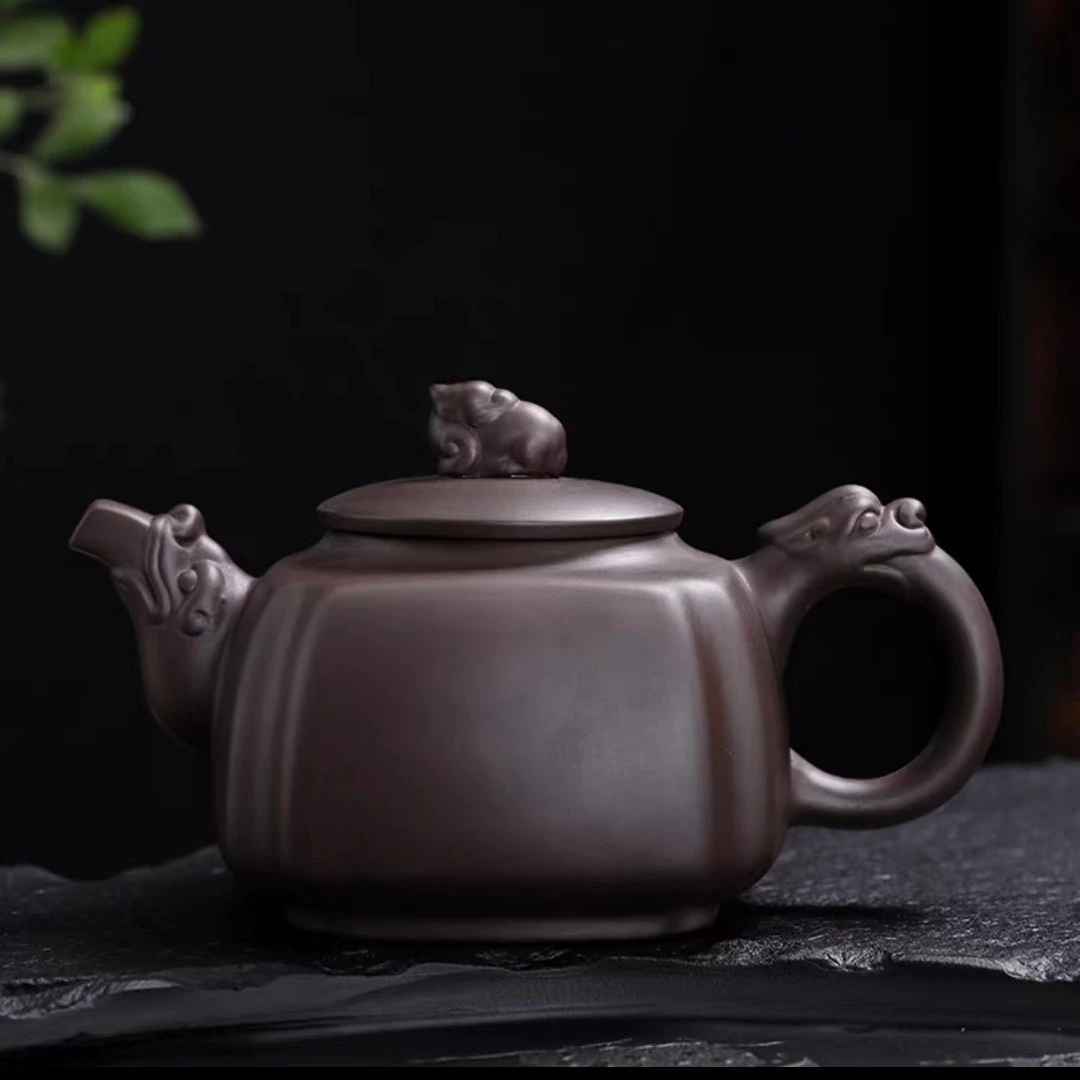 瑞兽四方龙壶大容量紫砂壶手工小茶壶单人壶紫砂一壶两杯家用泡茶