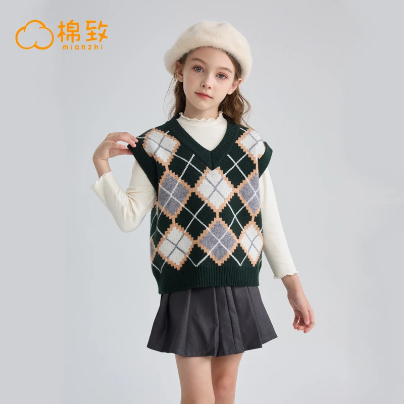棉致女童方格毛衣春秋款2023新款儿童打底衫洋气时髦女孩上衣秋冬