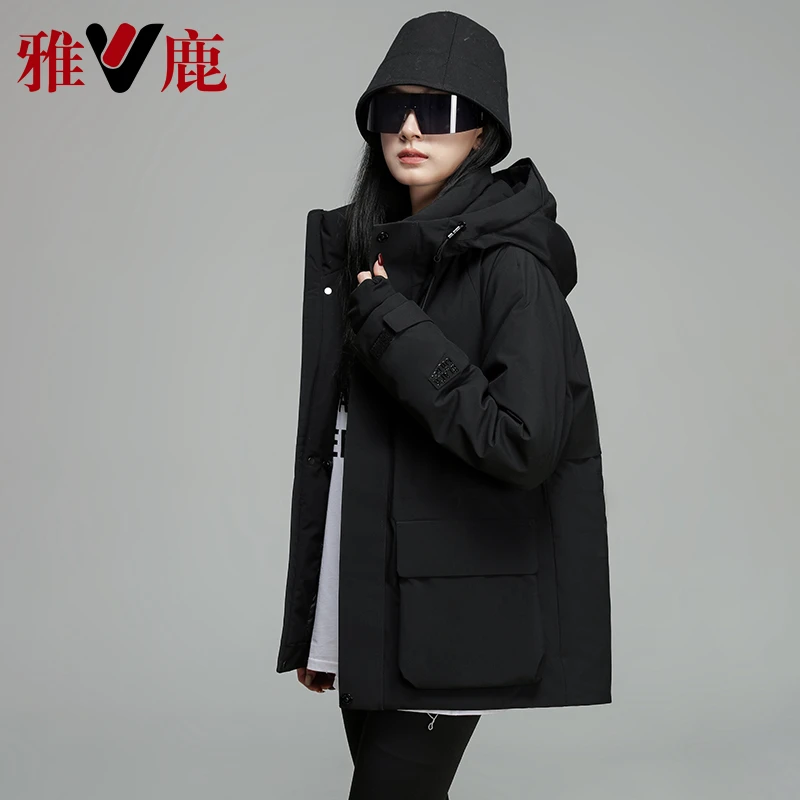 雅鹿优选黑金中长款羽绒服男女户外加厚风壳派克服冬季保暖外套