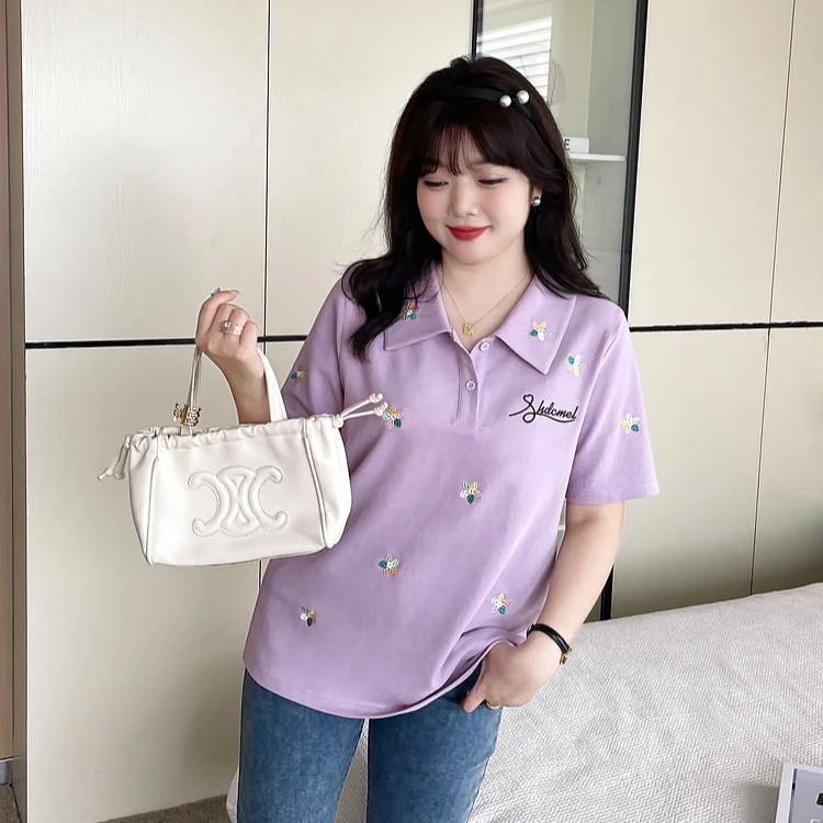 大码女装胖mm2024夏季新款新潮小众休闲设计感Polo领刺绣针织T恤