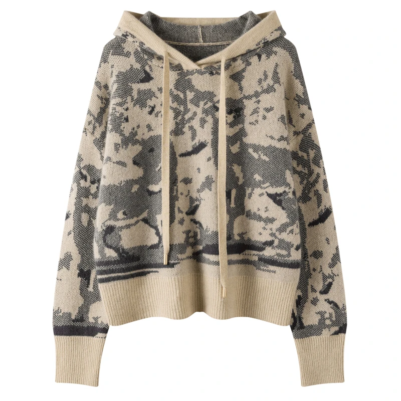 秋冬新款女士100%纯山羊绒加厚提花帽衫宽松休闲连帽复古慵懒风