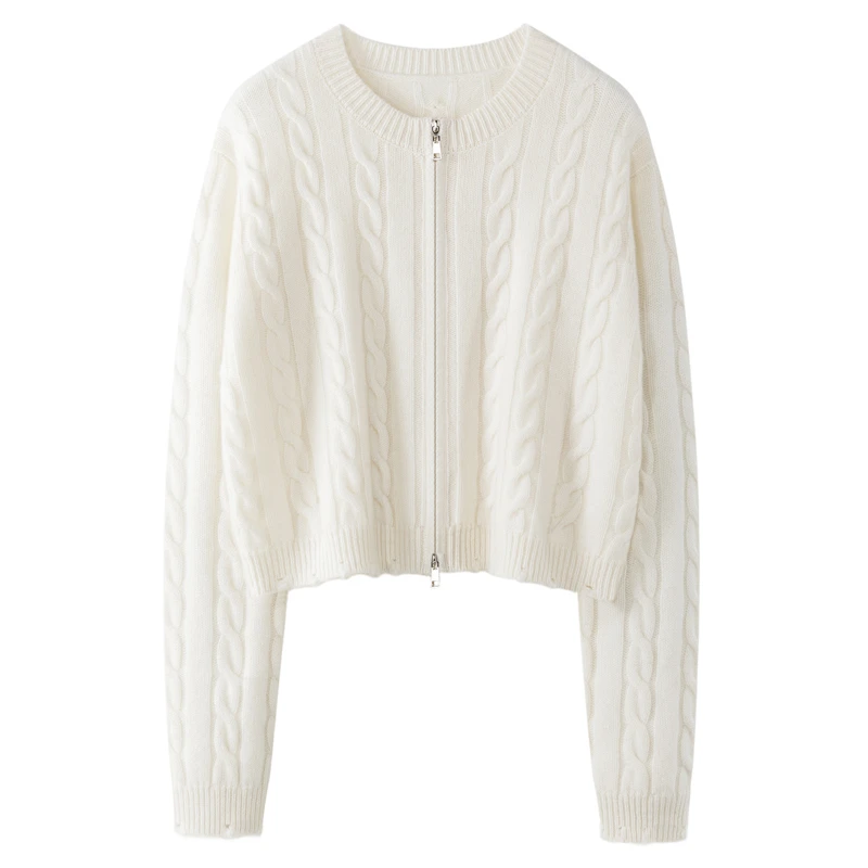 秋冬女士100%纯山羊绒加厚扭花拉链开衫外套简约显瘦短款时尚百搭