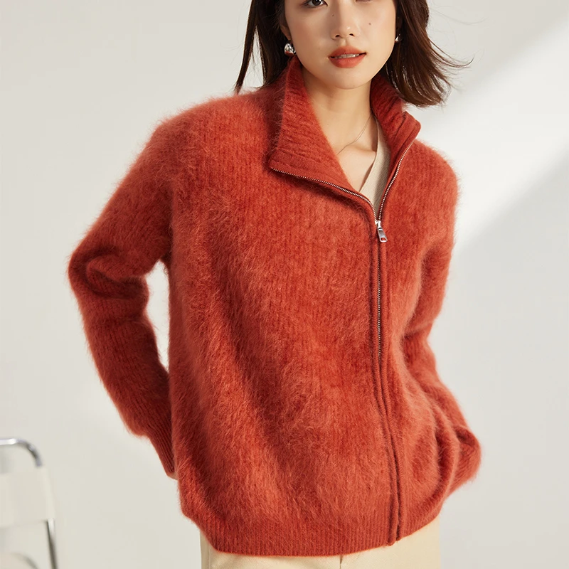 秋冬季女士100%纯山羊绒加厚拉链拉绒开衫宽松羊绒衫气质长袖保暖