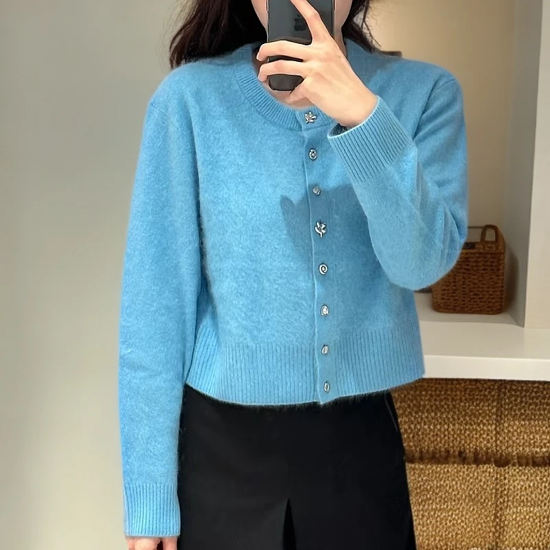 海岛蓝女士100%纯山羊绒拉绒开衫圆领金属扣短款针织衫洋气百搭