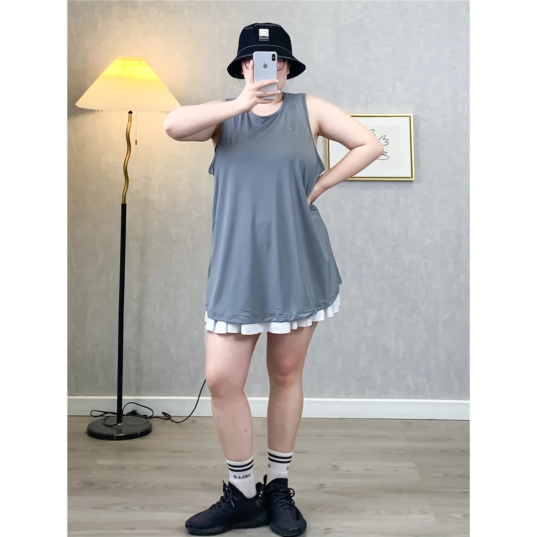 大码胖mm宽松网纱拼接运动背心瑜伽健身跑步印花上衣罩衫女