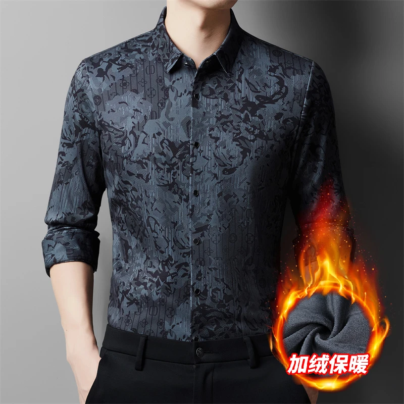 老爷车男士保暖衬衫加绒加厚高档设计感高档时尚休闲无痕弹力衬衣