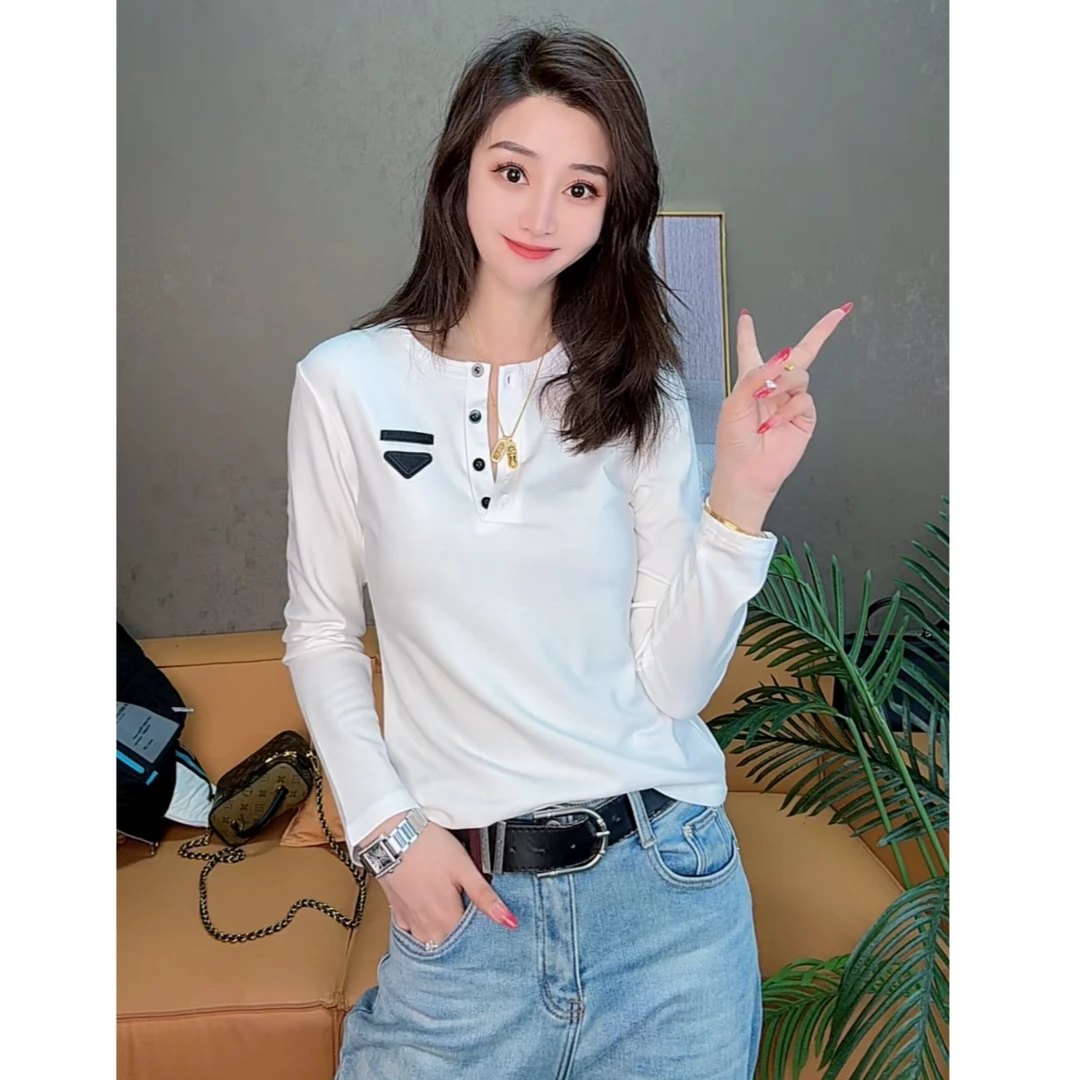 0256三角牌打底小衫圆领纽扣黑白长袖T恤小衫高级感纯色