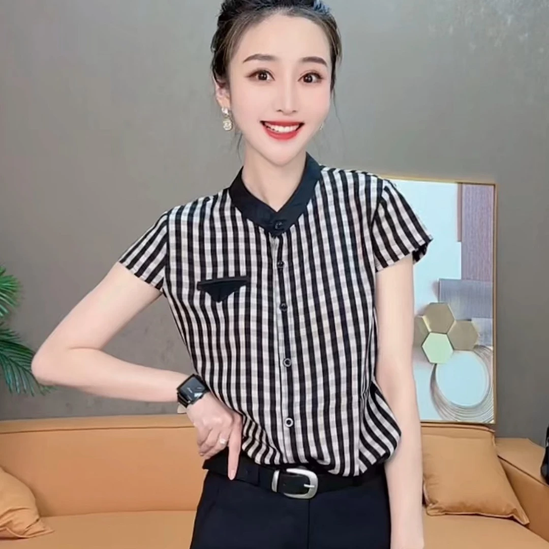 2232新款夏季时尚显瘦洋气三角标条纹百搭半袖小衫短袖