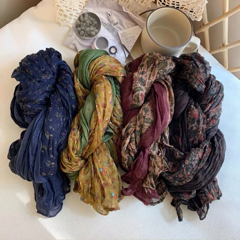 淘衣衣-棉麻文艺复古碎花围巾拼色春秋薄款韩版百搭围脖长177宽88