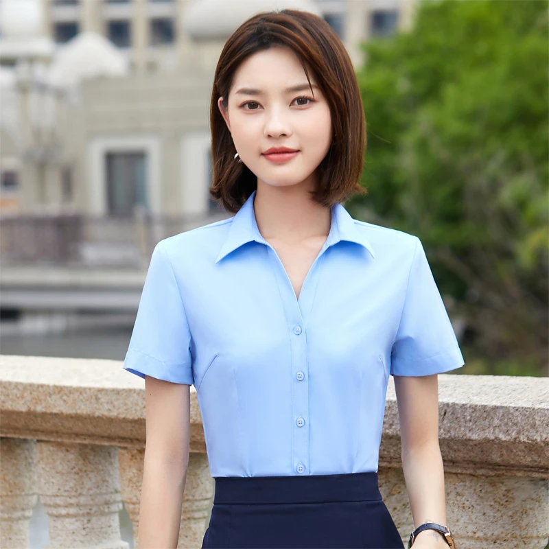 弹力竹纤维-高端商务衬衫女职业V领短袖衬衣工作服工装正装上衣女