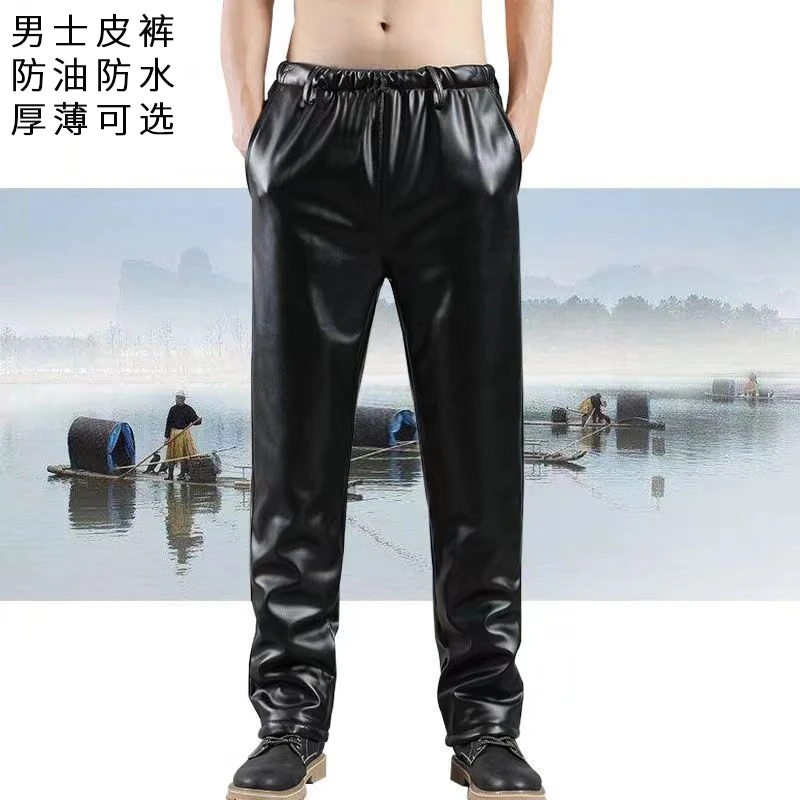 皮裤男加绒加厚冬季宽松中老年男士松紧腰外卖防水防风保暖皮裤子