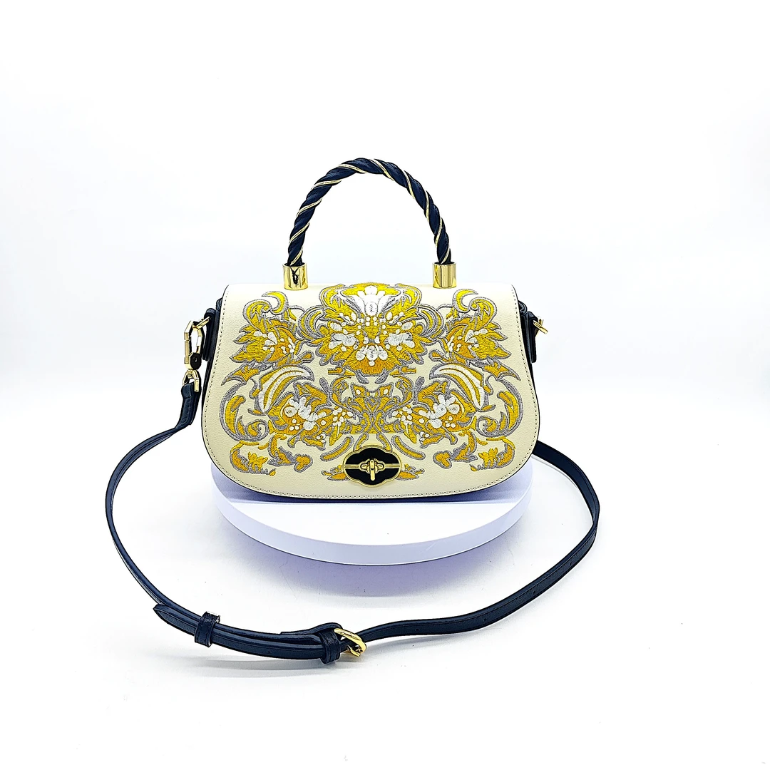 复古手提包中国风刺绣女士手提包单肩斜挎包时尚绣花真皮女包