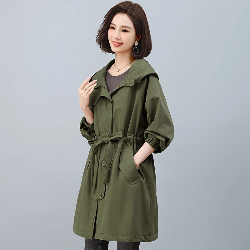 纯棉风衣外套女2024新款春秋时尚洋气遮肉宽松大码中长款连帽外套