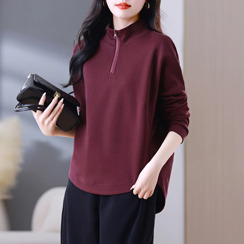 时尚立领卫衣女士2025春秋新款小个子妈妈宽松休闲半拉链短款上衣