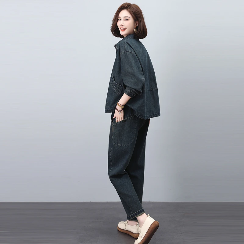 时尚休闲牛仔套装女2025春秋新款爆款高级宽松洋气减龄妈妈两件套