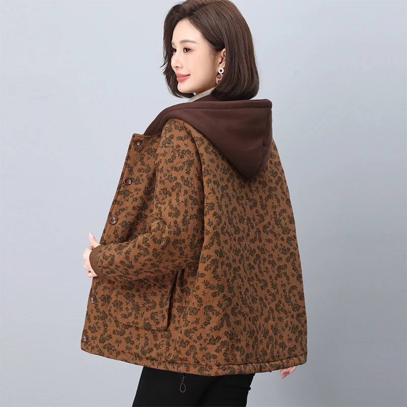 中老年花色棉衣外套女冬季新款妈妈减龄洋气加厚宽松夹棉保暖棉袄