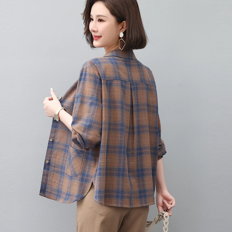 纯棉格子衬衫女2025新款春秋休闲宽松大码高级感中年妈妈宽松上衣