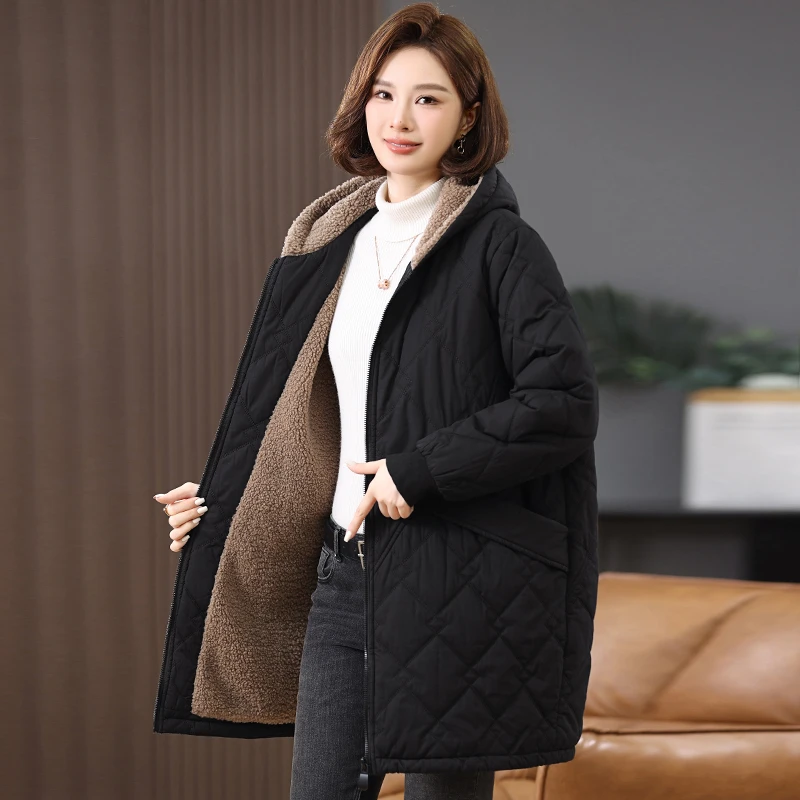 中长款加绒棉服女冬季2025新款妈妈宽松大码加厚保暖连帽棉衣棉袄