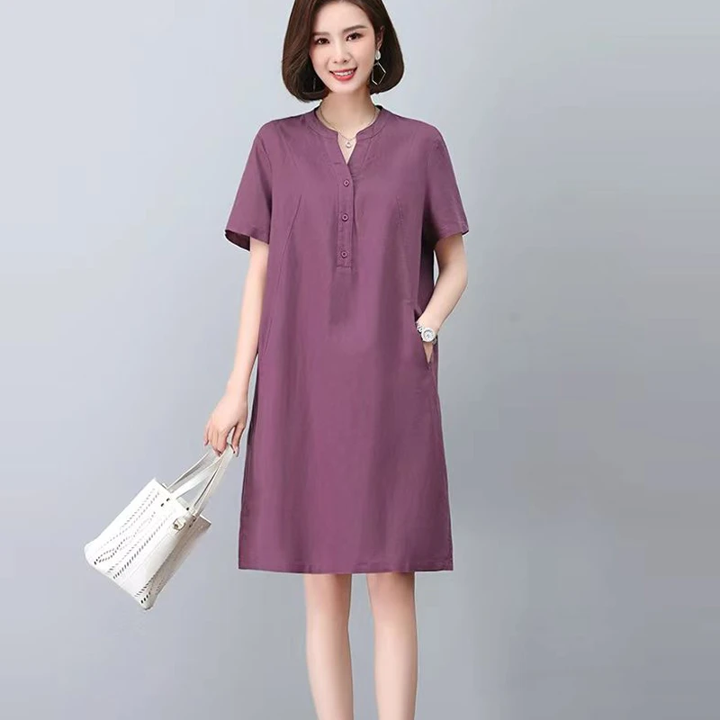 棉麻连衣裙女夏季2025新款休闲直筒裙小个子妈妈显瘦亚麻中长裙子
