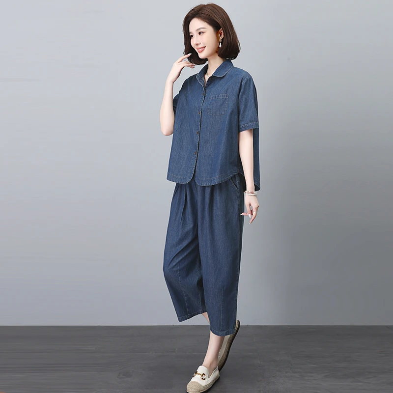 薄款牛仔套装女夏2025新款妈妈时尚减龄宽松纯棉衬衣阔腿裤两件套