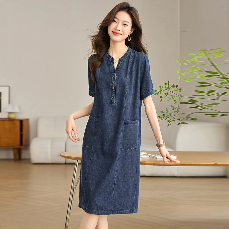 薄款牛仔连衣裙女夏季2025新款短袖高级感妈妈宽松显瘦休闲中长裙