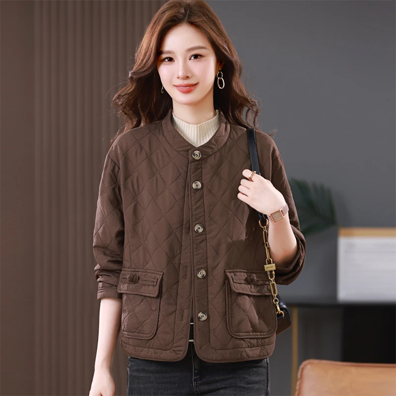 圆领夹棉外套女冬2025新款中年妈妈宽松百搭休闲菱格短款棉衣棉服